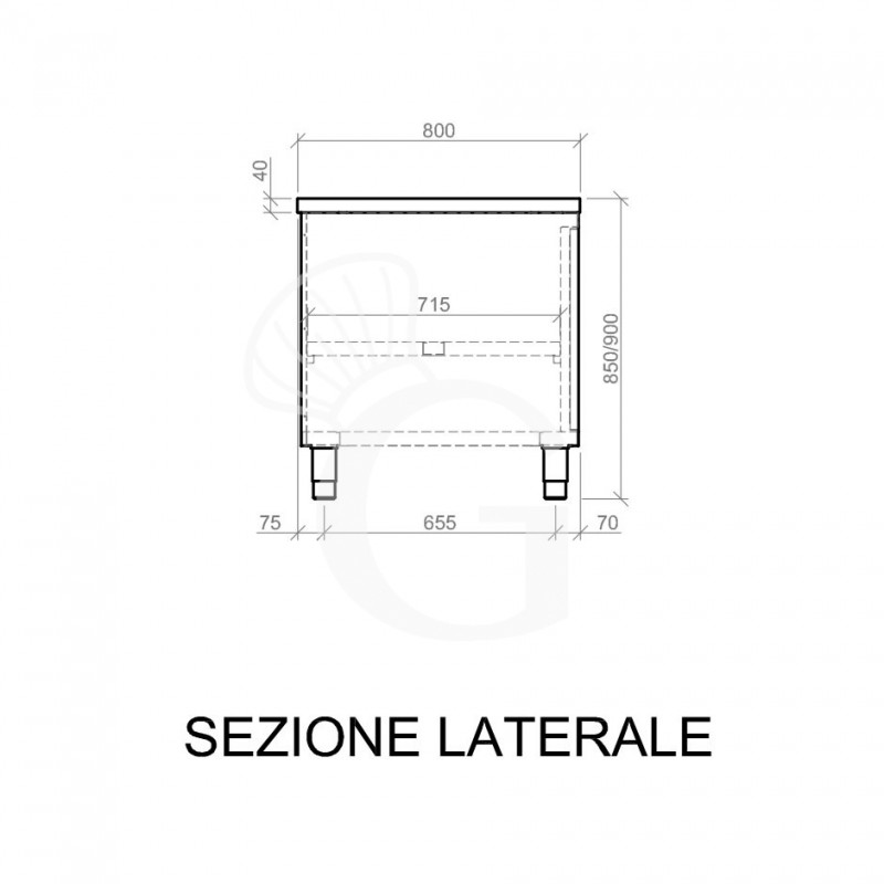 Tavolo inox armadiato con 1 porta battente, L 700 mm x P 800 mm x H 850 mm