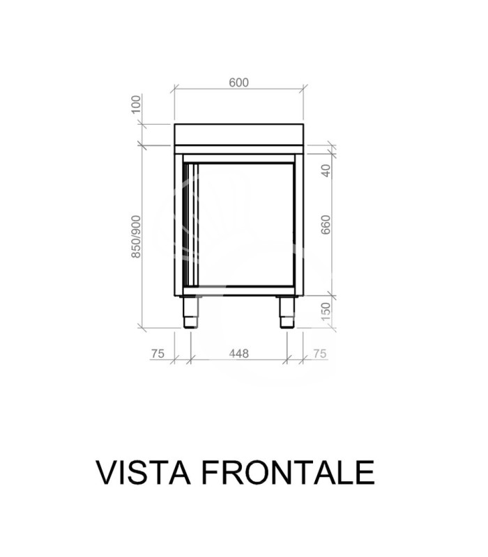 Tavolo armadiato inox con 1 porta battente, alzatina, L 600 mm x P 700 mm x H 950 mm