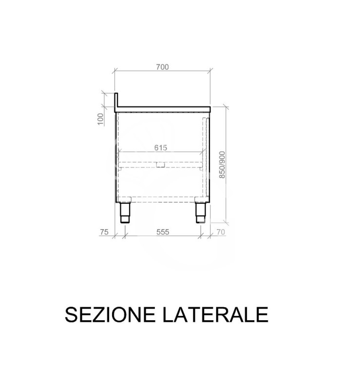 Tavolo armadiato inox con 1 porta battente, alzatina, L 600 mm x P 700 mm x H 950 mm