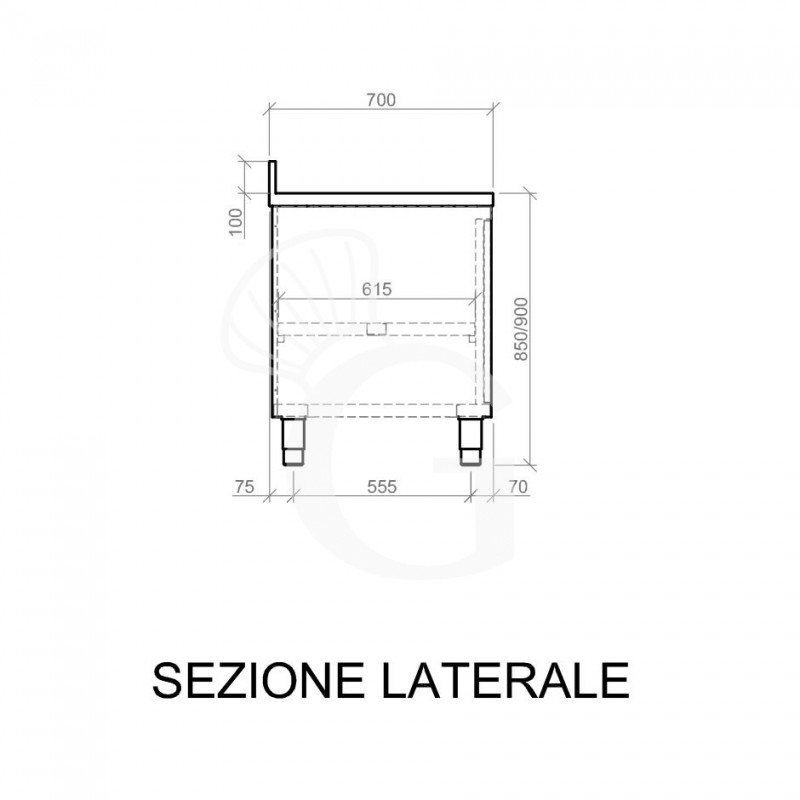 Tavolo armadiato con 1 porta battente realizzato in acciaio inox, alzatina, L 700 mm x P 700 mm x H 950 mm
