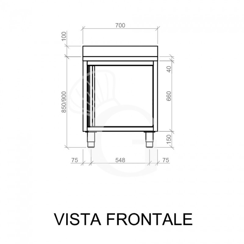 Tavolo armadiato con 1 porta battente realizzato in acciaio inox, alzatina, L 700 mm x P 700 mm x H 950 mm