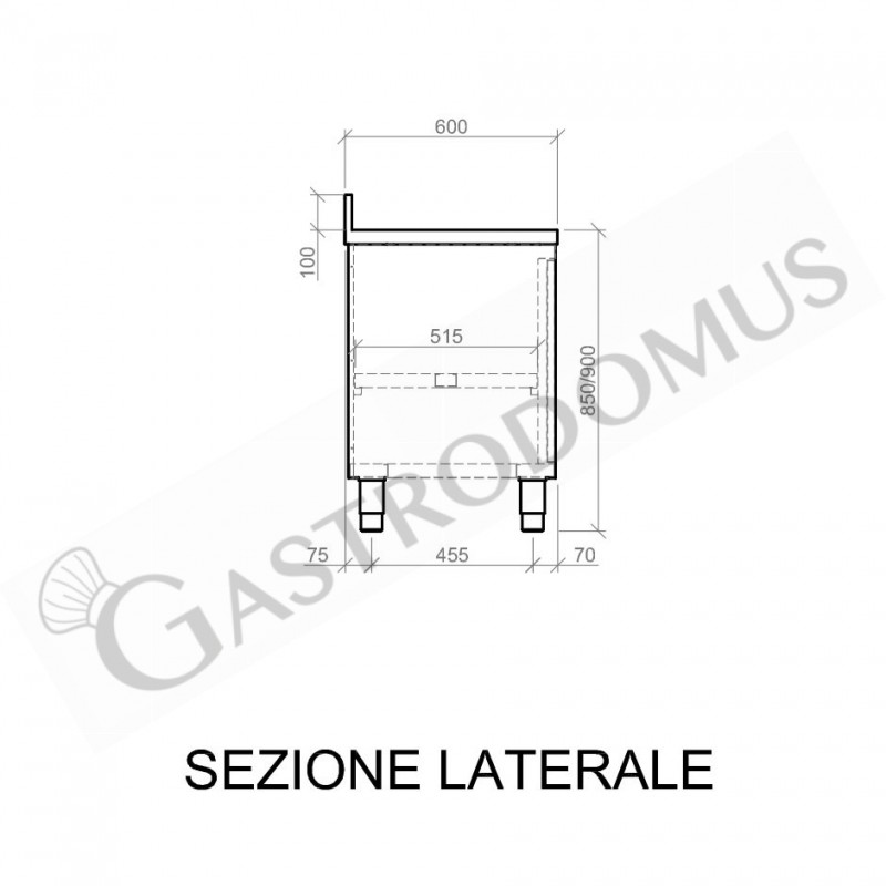 Tavolo armadiato inox con 1 porta battente, alzatina, L 700 mm x P 600 mm x H 950 mm