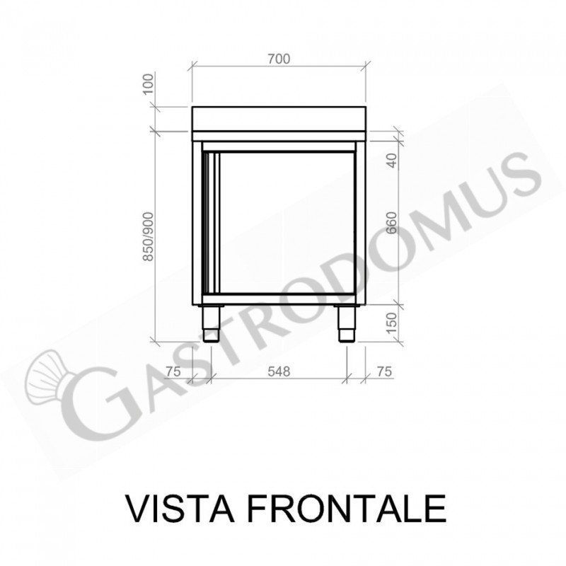 Tavolo armadiato inox con 1 porta battente, alzatina, L 700 mm x P 600 mm x H 950 mm