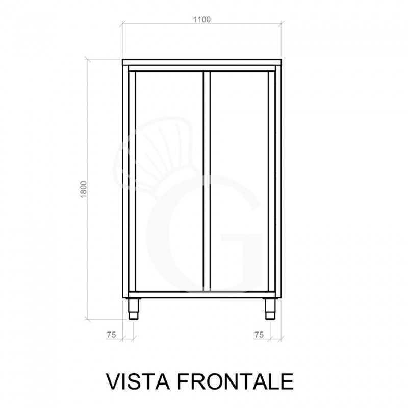 Armadio acciaio inox con 2 porte scorrevoli, 3 ripiani, L 1100 x P 600 x H 1800 mm