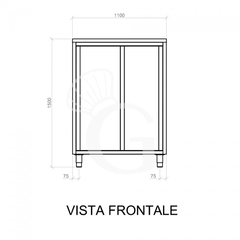 Armadio acciaio inox con 2 porte scorrevoli, 2 ripiani, L 1100 x P 500 x H 1500 mm