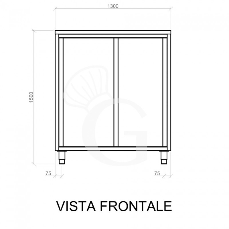 Armadio acciaio inox con 2 porte scorrevoli, 2 ripiani, L 1300 x P 600 x H 1500 mm