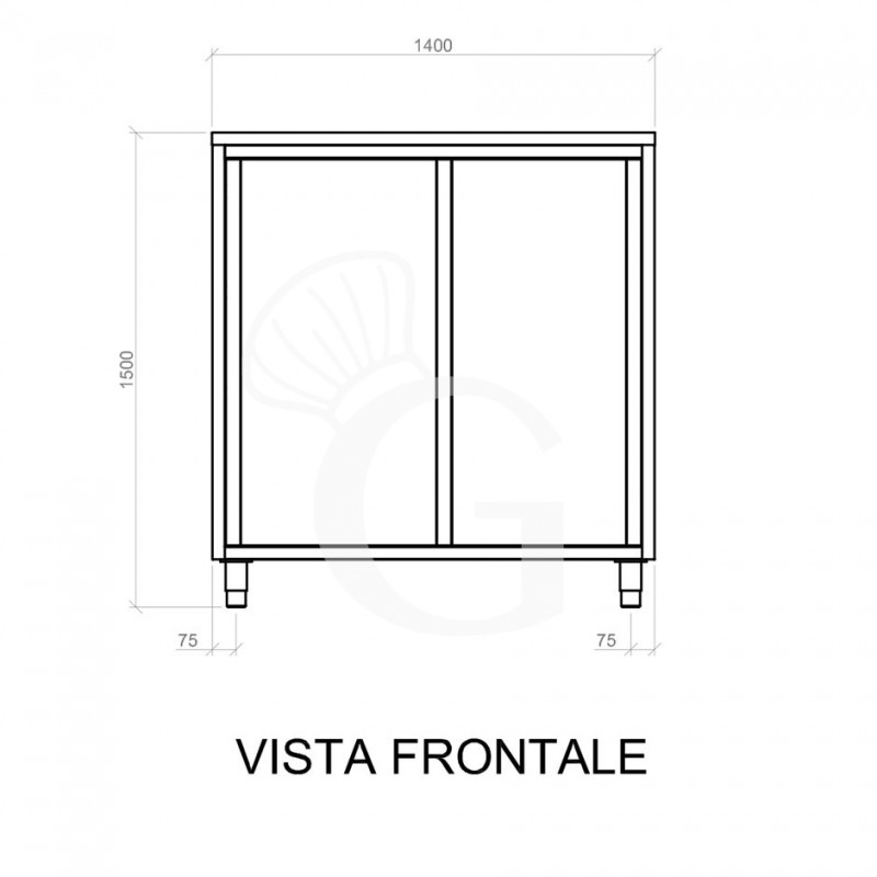 Armadio acciaio inox con 2 porte scorrevoli, 2 ripiani, L 1400 x P 500 x H 1500 mm