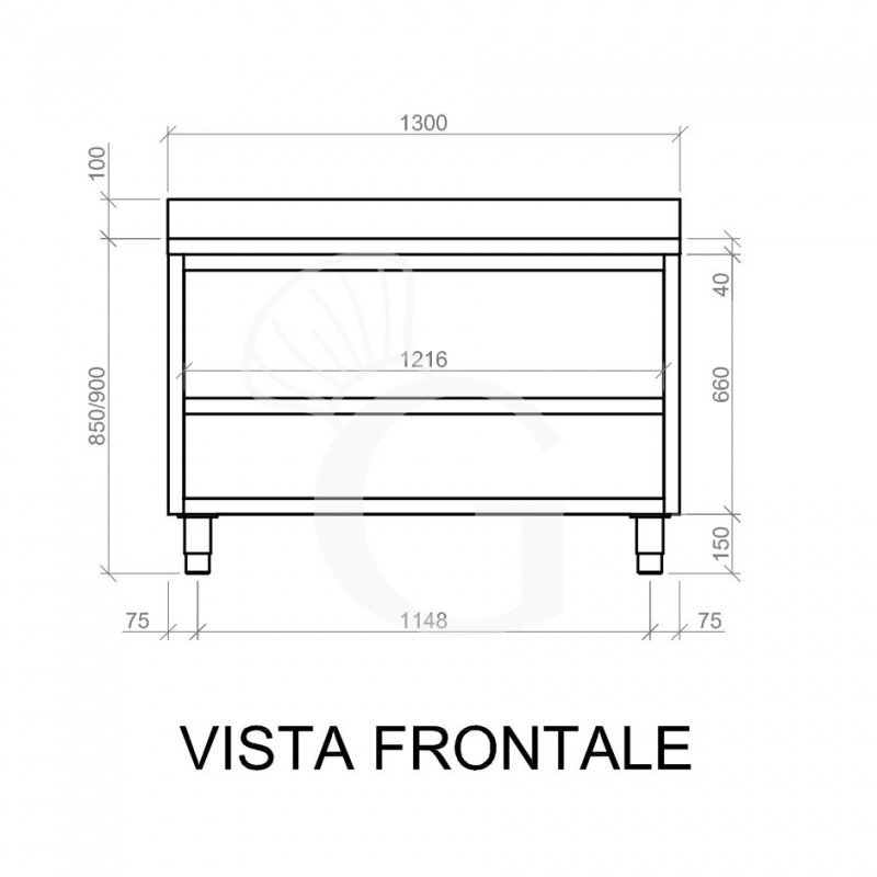 Tavolo a giorno in acciaio inox con 2 ripiani, alzatina L 1300 mm x P 700 mm x H 950 mm