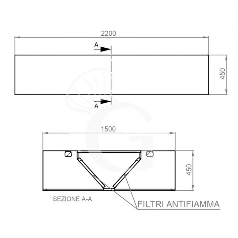 Cappa Kubica centrale senza motore L2200xP1500xH450mm