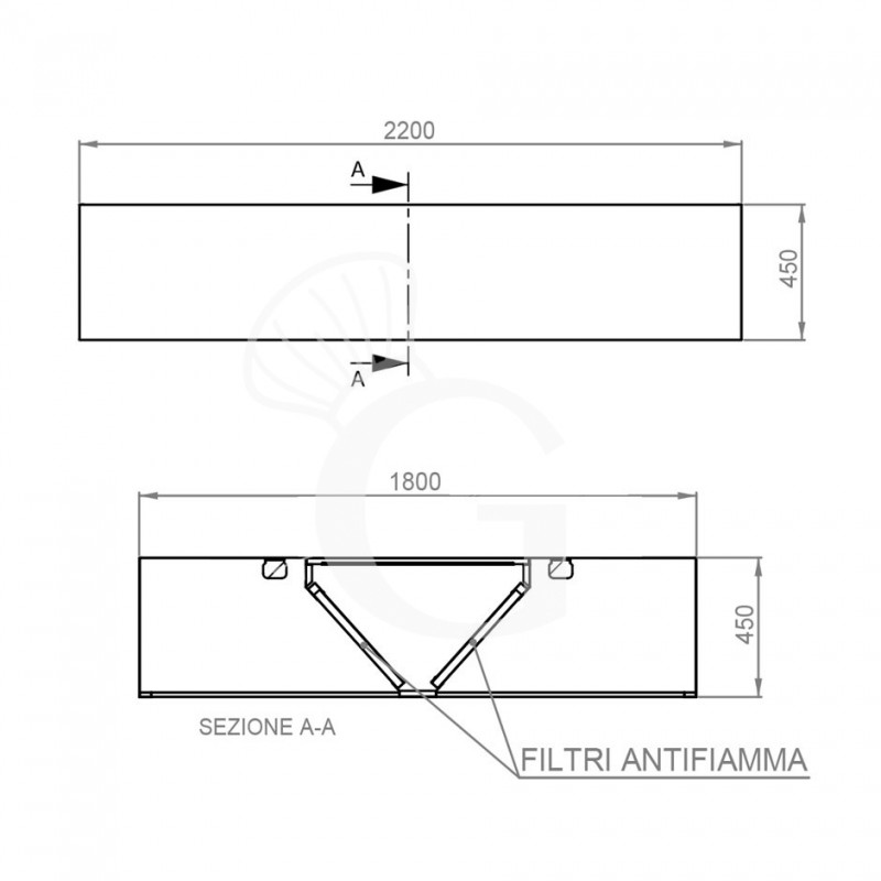 Cappa Kubica centrale senza motore L2200xP1800xH450mm