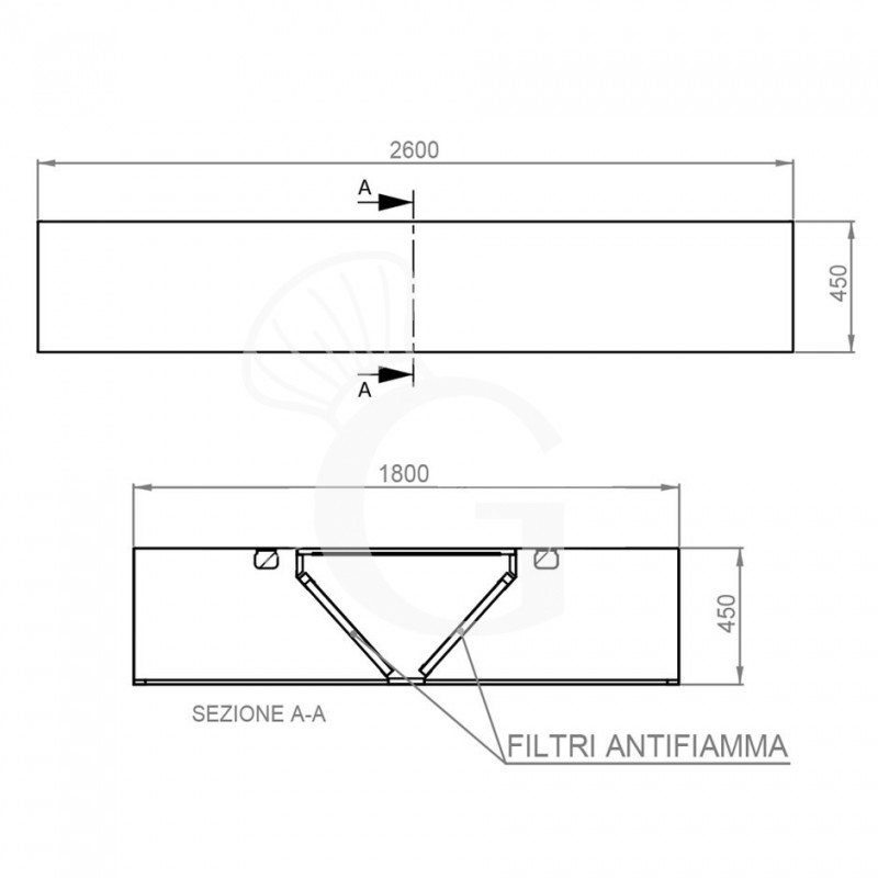 Cappa Kubica centrale senza motore L2600xP1800xH450mm