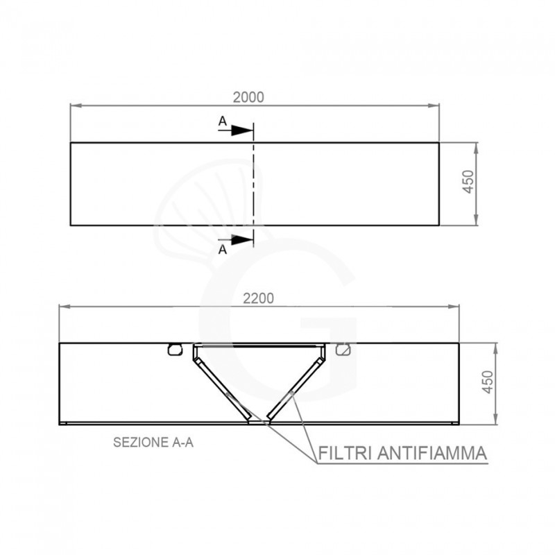 Cappa Kubica centrale senza motore L2000xP2200xH450mm
