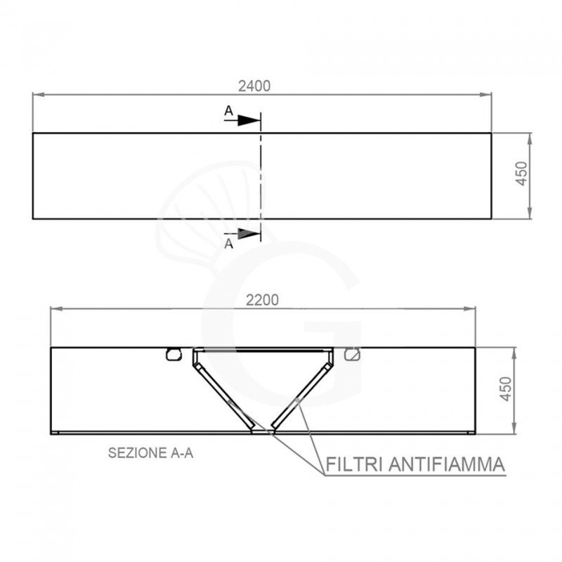 Cappa Kubica centrale senza motore L2400xP2200xH450mm