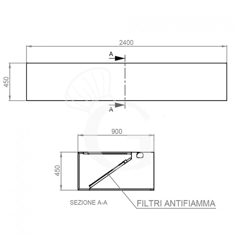 Cappa Kubica a parete senza motore L2400xP900xH450mm