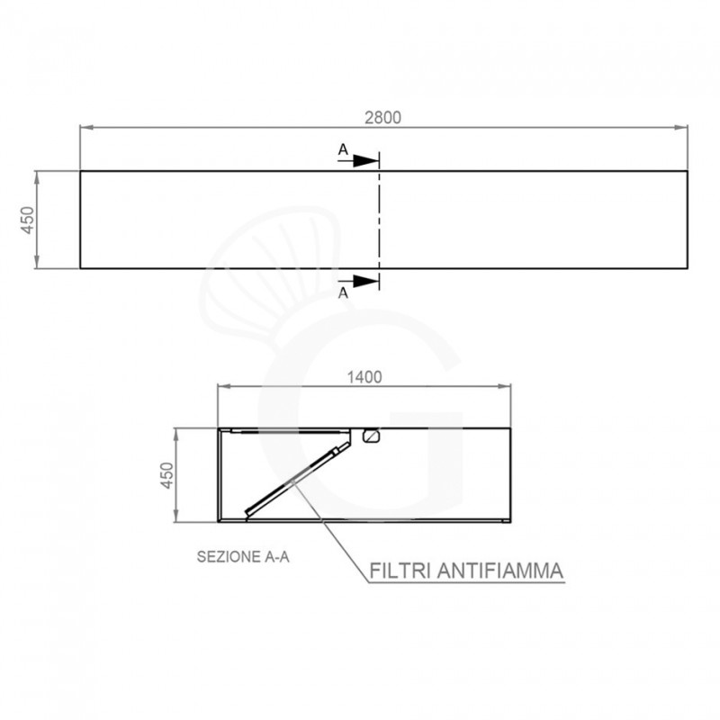 Cappa Kubica a parete senza motore L2800xP1400xH450mm