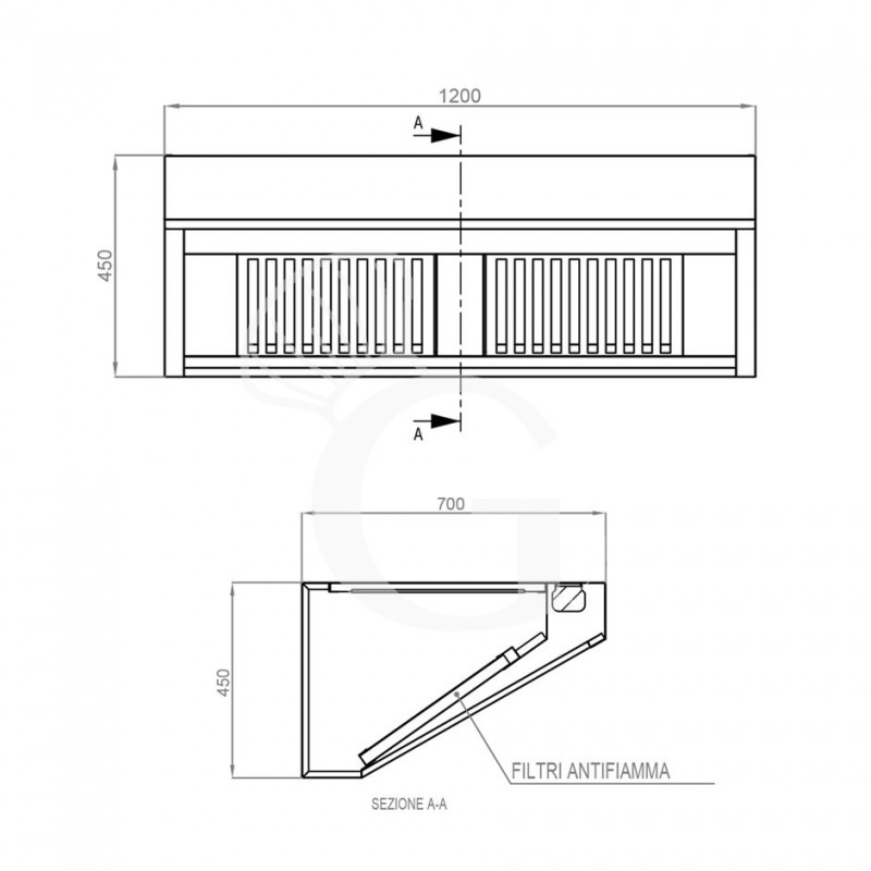 Cappa Snack a parete senza motore L1200xP700xH450mm