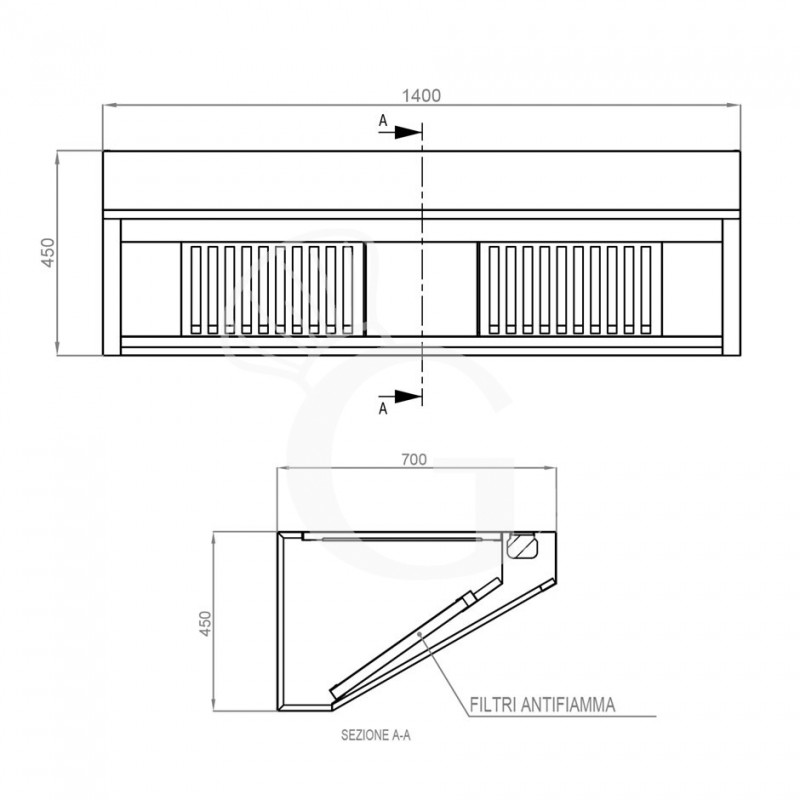 Cappa Snack a parete senza motore L1400xP700xH450mm