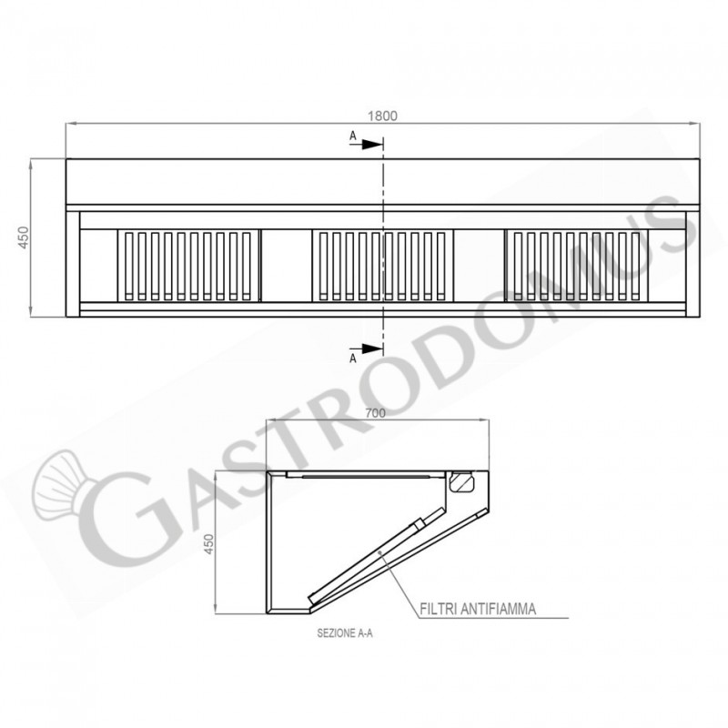 Cappa Snack a parete senza motore L1800xP700xH450mm