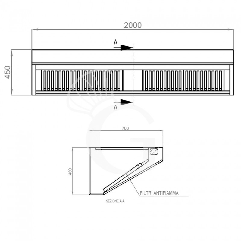 Cappa Snack a parete senza motore L2000xP700xH450mm