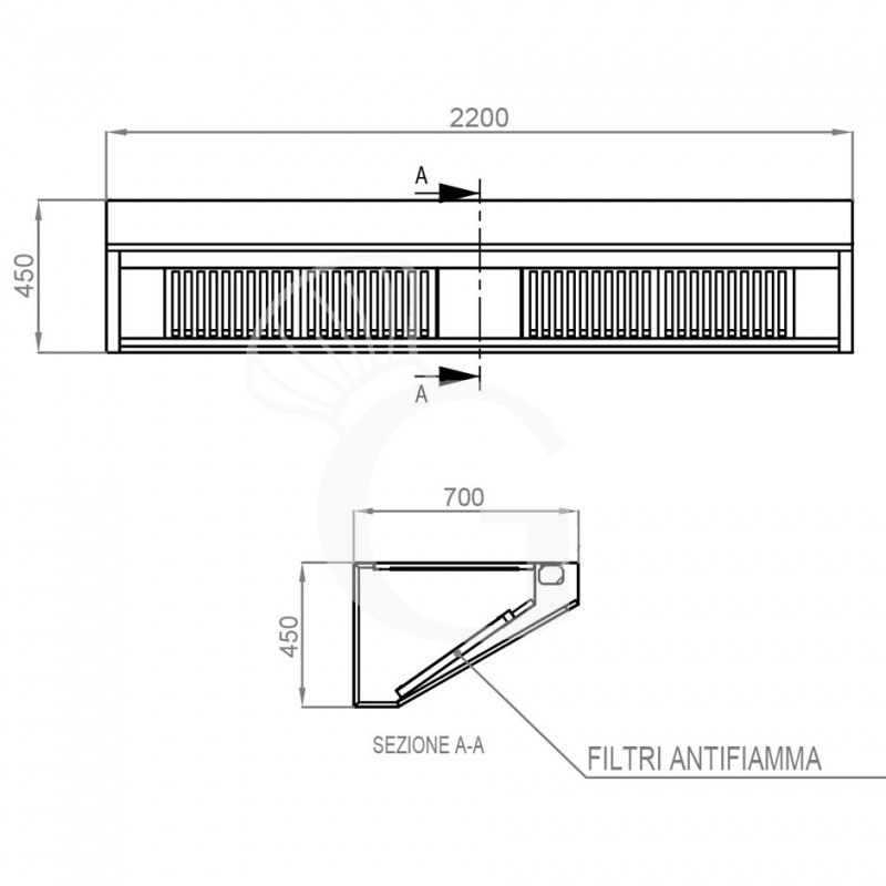 Cappa Snack a parete senza motore L2200xP700xH450mm