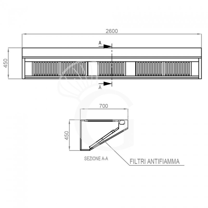 Cappa Snack a parete senza motore L2600xP700xH450mm