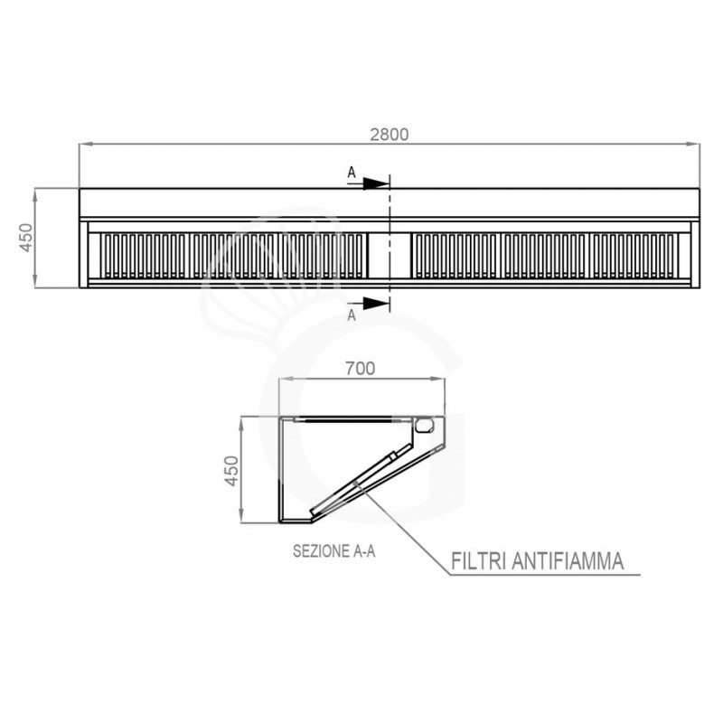 Cappa Snack a parete senza motore L2800xP700xH450mm