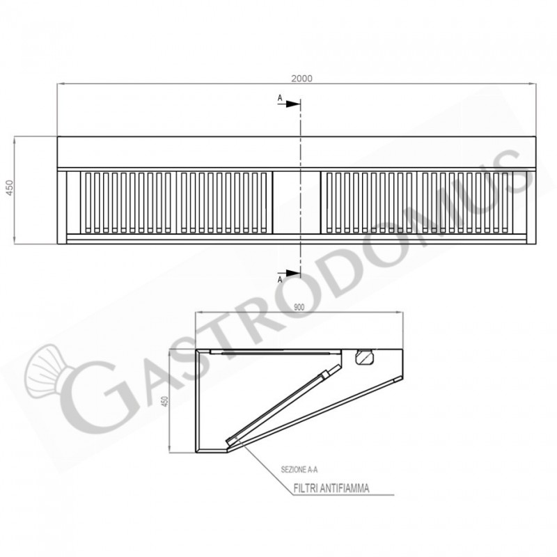 Cappa Snack a parete senza motore L2000xP900xH450mm
