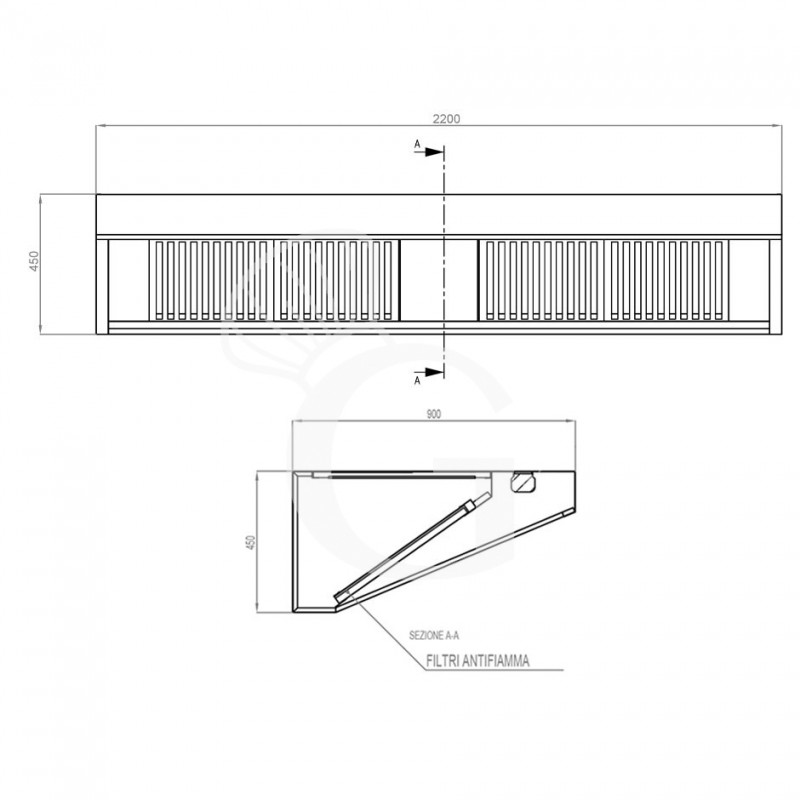 Cappa Snack a parete senza motore L2200xP900xH450mm