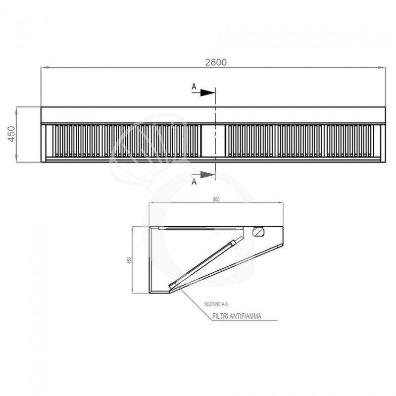 Cappa Snack a parete senza motore L2800xP900xH450mm
