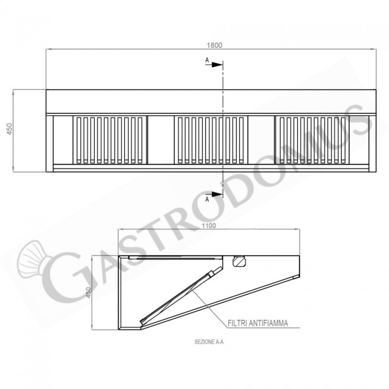 Cappa Snack a parete senza motore L1800xP1100xH450mm