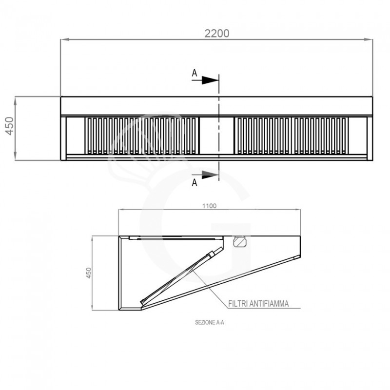 Cappa Snack a parete senza motore L2200xP1100xH450mm
