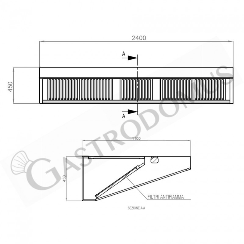 Cappa Snack a parete senza motore L2400xP1100xH450mm