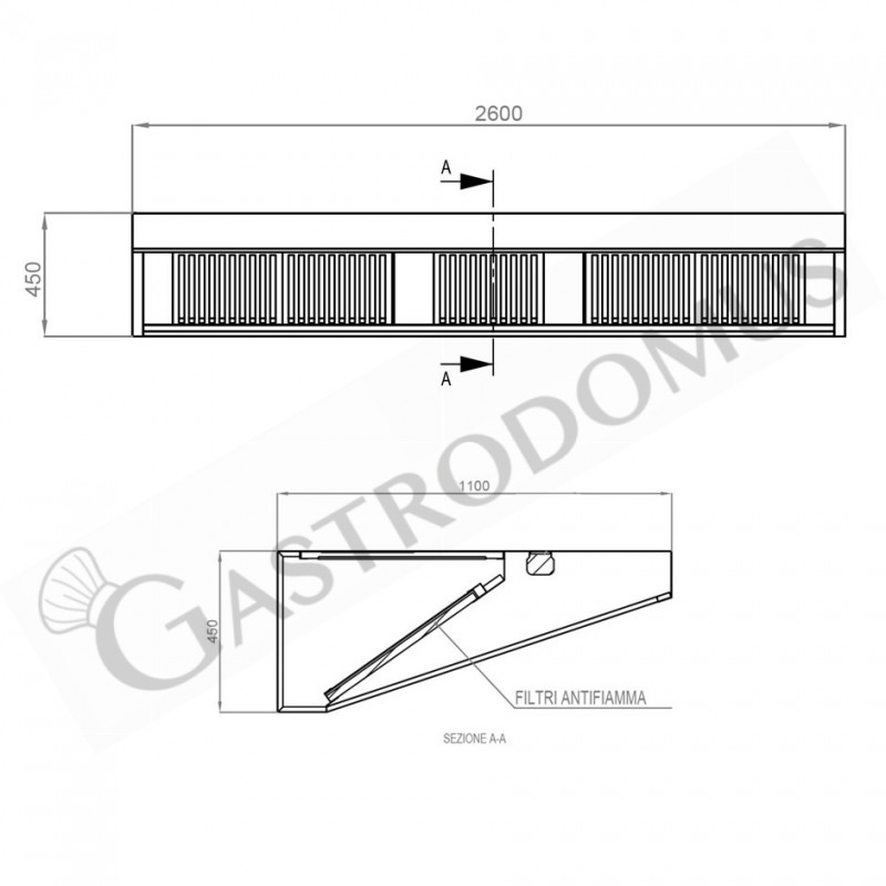 Cappa Snack a parete senza motore L2600xP1100xH450mm