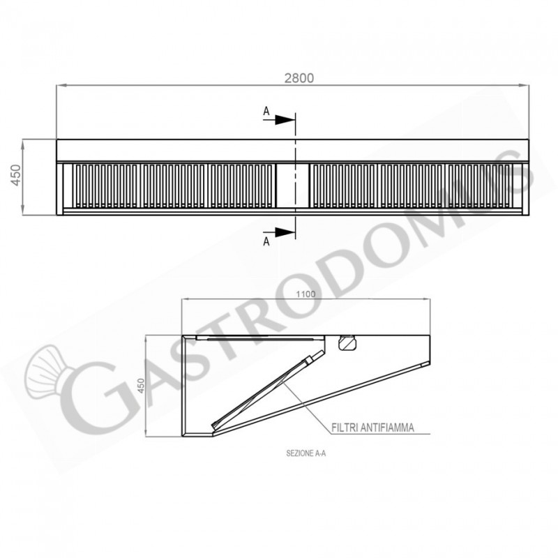 Cappa Snack a parete senza motore L2800xP1100xH450mm