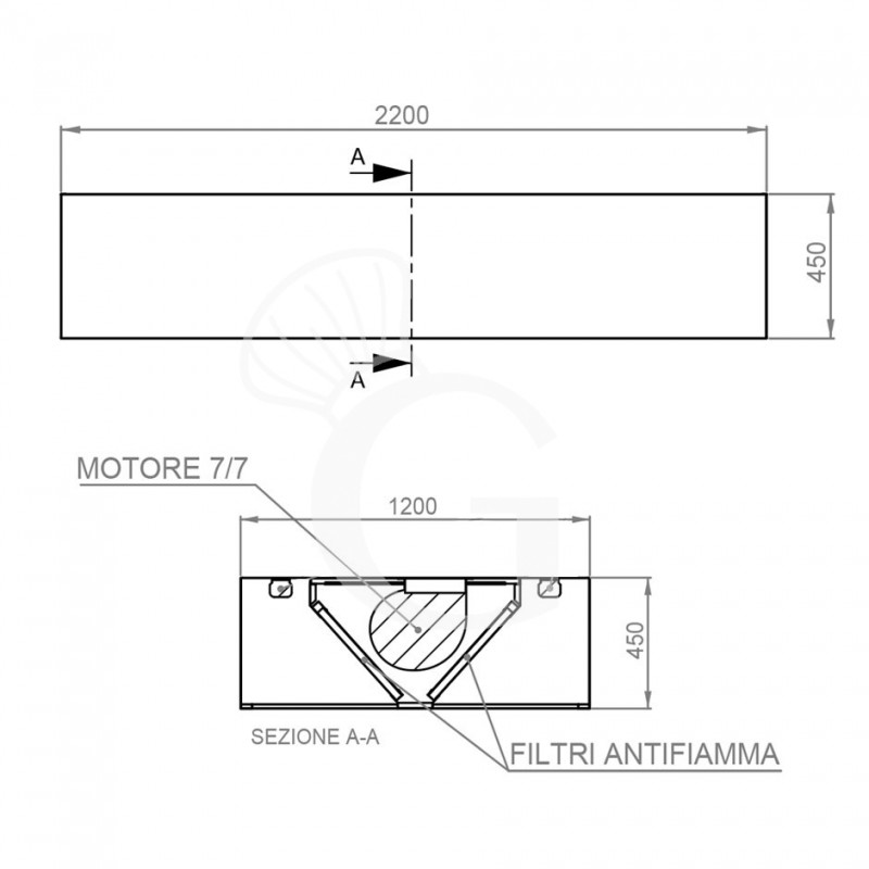 Cappa Kubica centrale con motore L2200xP1300xH450mm