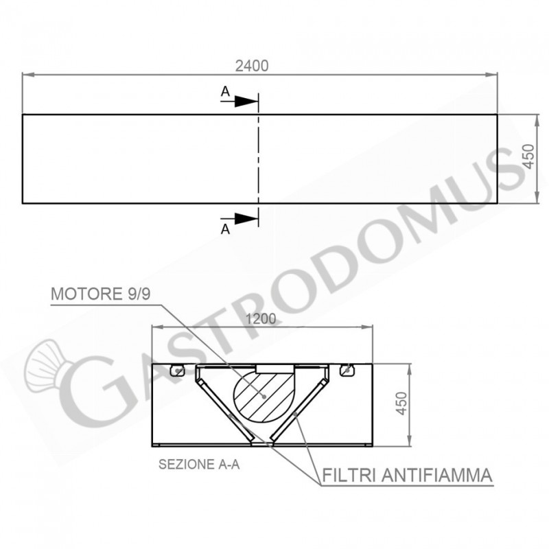 Cappa Kubica centrale con motore L2400xP1300xH450mm
