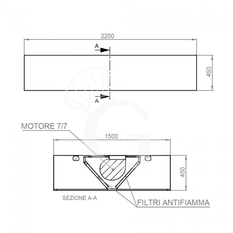 Cappa Kubica centrale con motore L2200xP1500xH450mm
