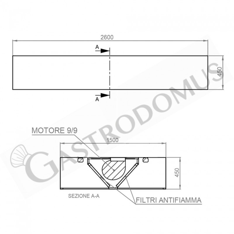 Cappa Kubica centrale con motore L2600xP1500xH450mm