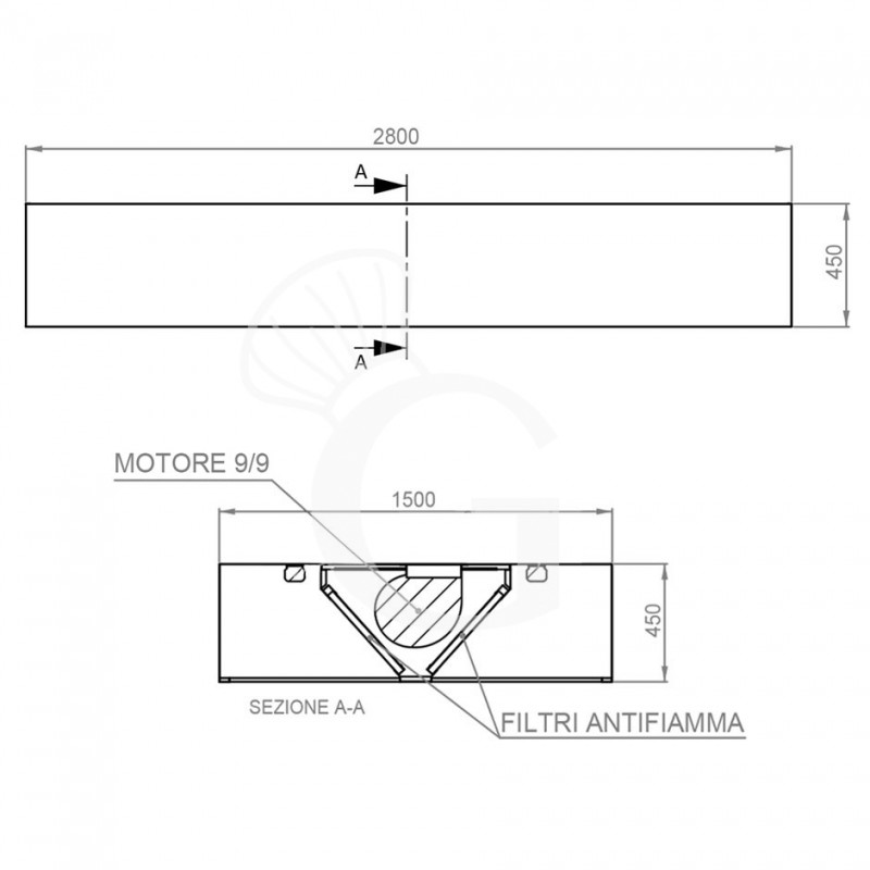 Cappa Kubica centrale con motore L2800xP1500xH450mm