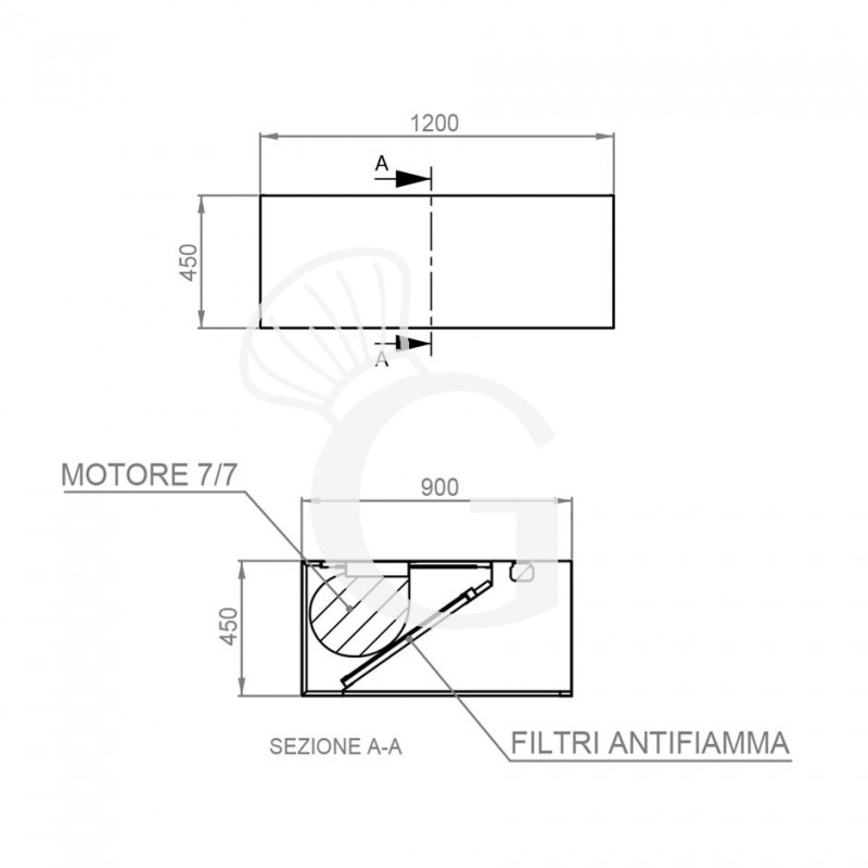 Cappa Kubica a parete con motore L1200xP900xH450mm