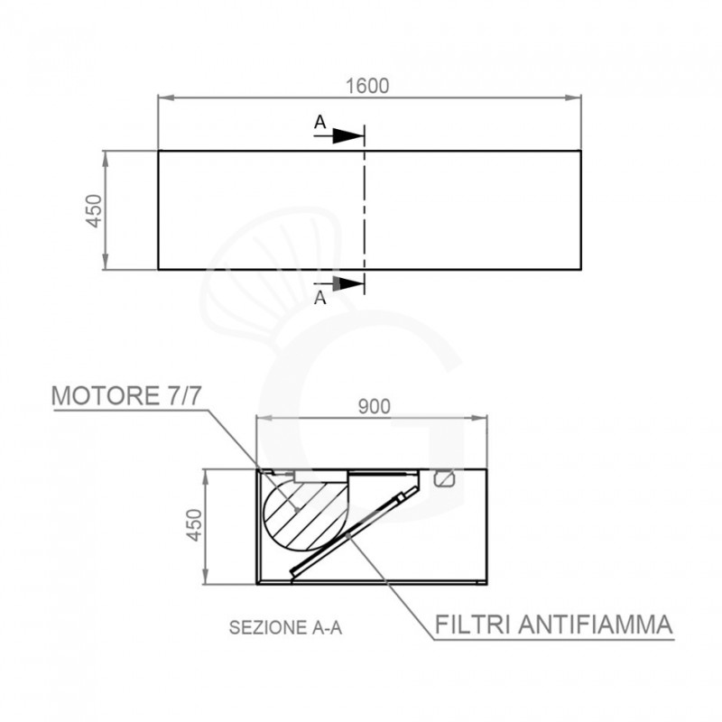 Cappa Kubica a parete con motore L1600xP900xH450mm