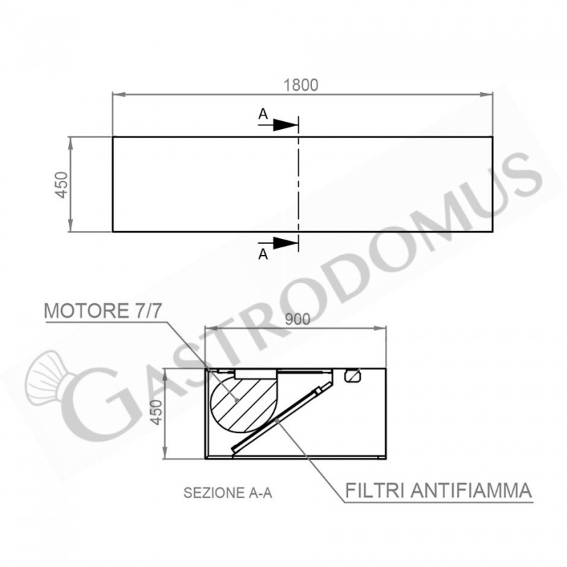 Cappa Kubica a parete con motore L1800xP900xH450mm