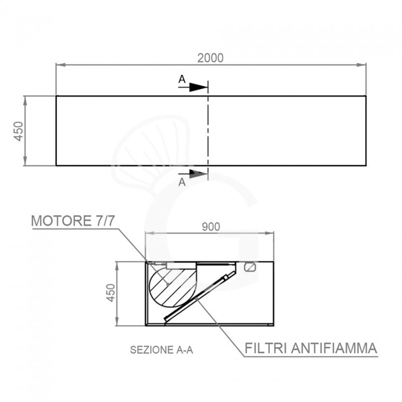 Cappa Kubica a parete con motore L2000xP900xH450mm
