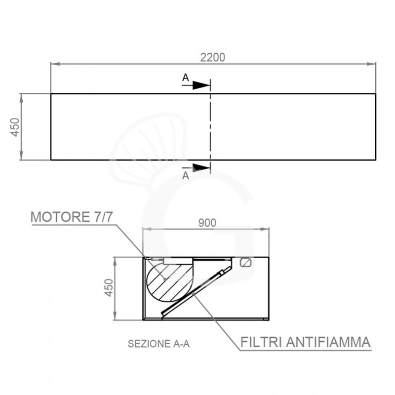 Cappa Kubica a parete con motore L2200xP900xH450mm