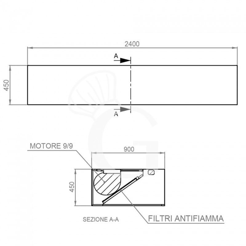 Cappa Kubica a parete con motore L2400xP900xH450mm