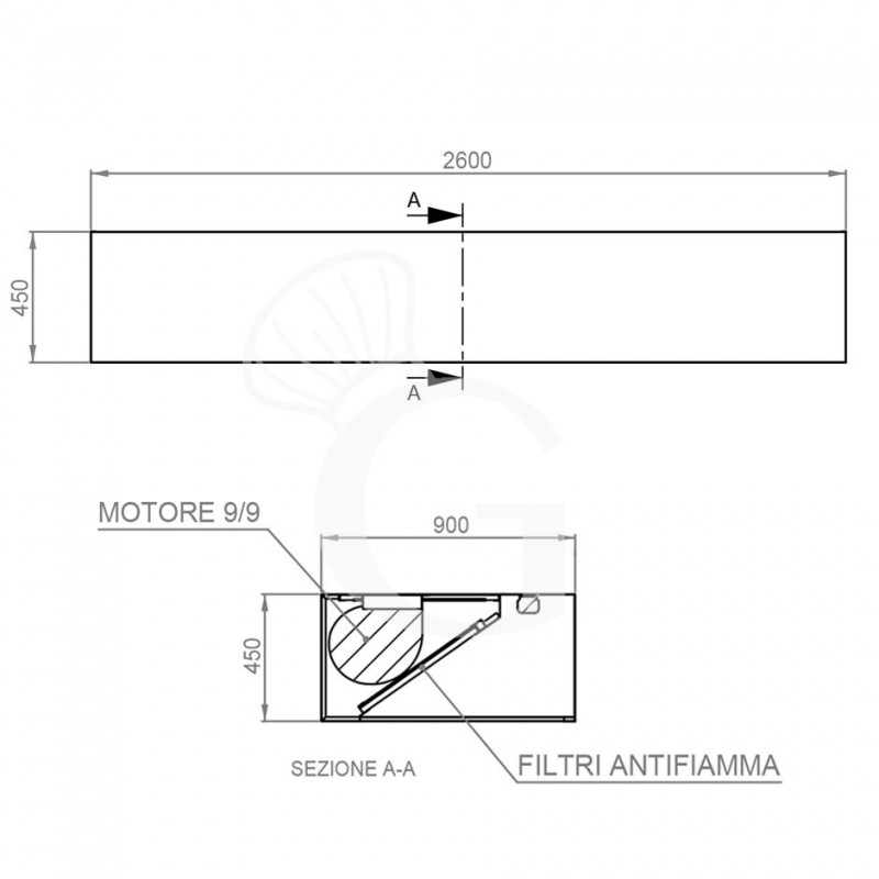 Cappa Kubica a parete con motore L2600xP900xH450mm
