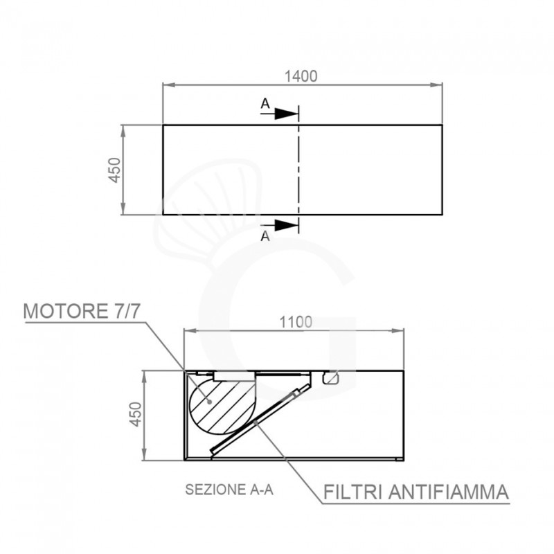 Cappa Kubica a parete con motore L1400xP1100xH450mm