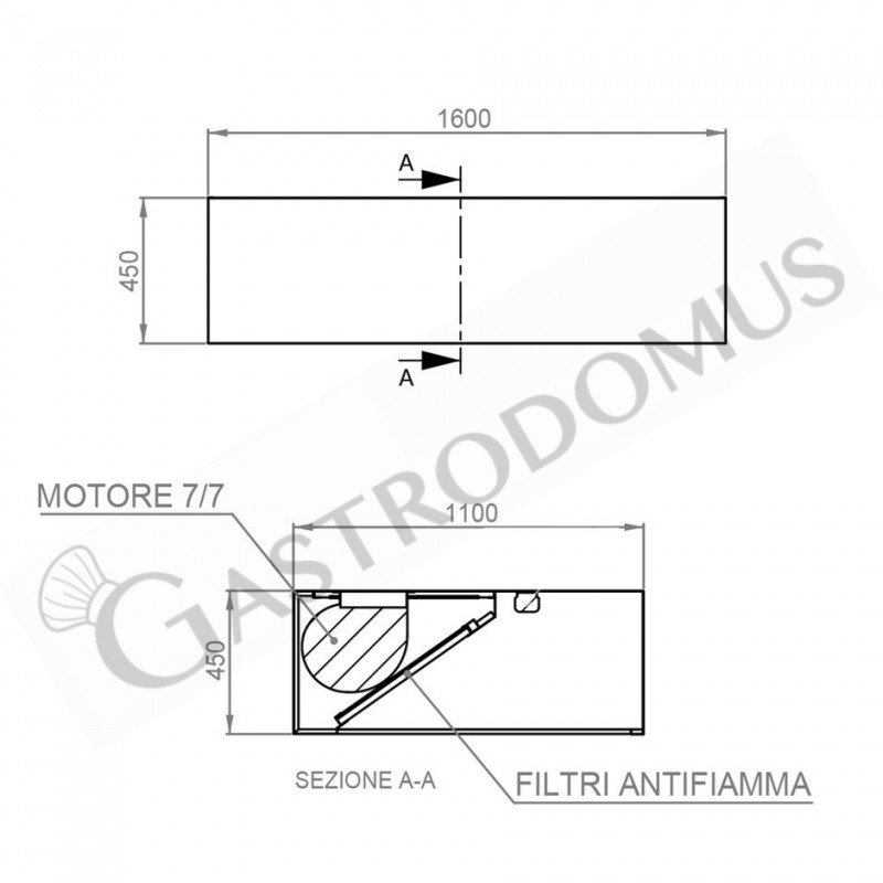 Cappa Kubica a parete con motore L1600xP1100xH450mm