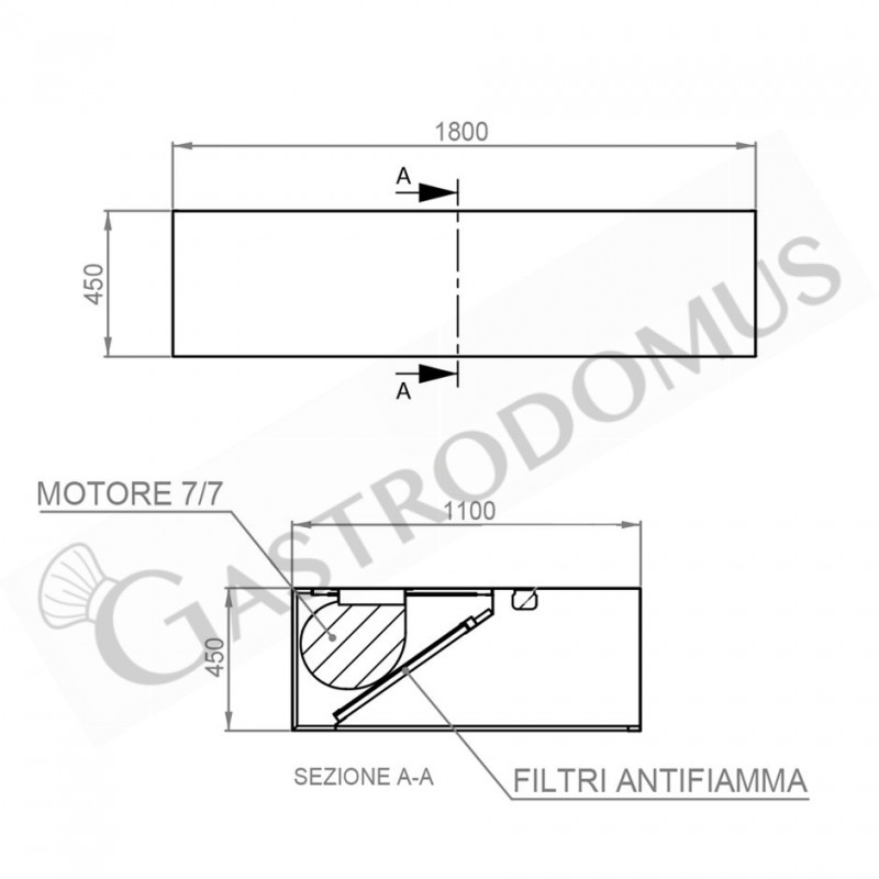 Cappa Kubica a parete con motore L1800xP1100xH450mm