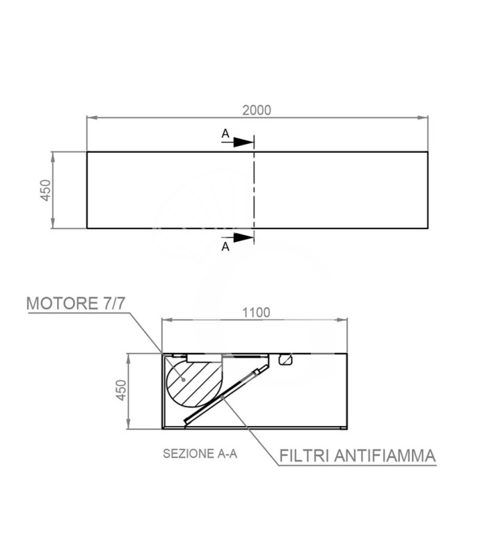 Cappa Kubica a parete con motore L2000xP1100xH450mm